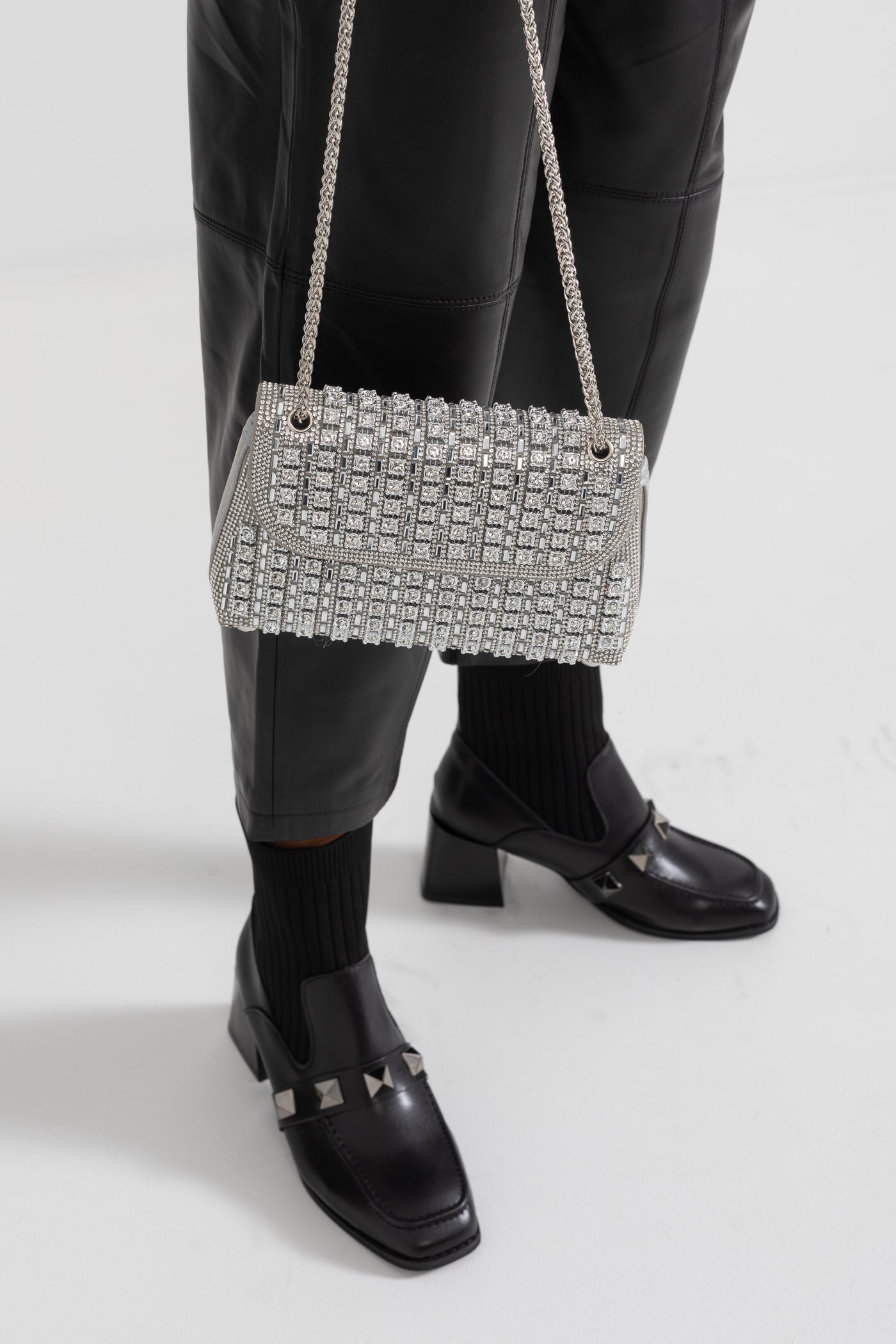 Parıldayan Dokuma El Çantası - Işıltılı Rhinestone Süslemeler - Gümüş