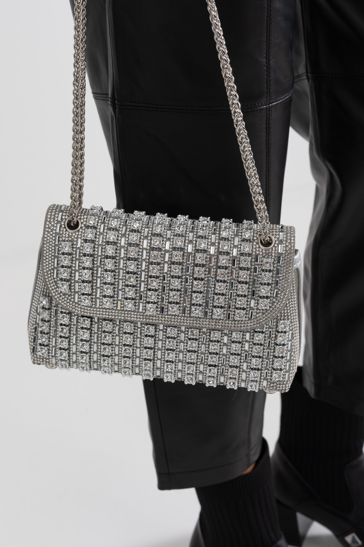 Parıldayan Dokuma El Çantası - Işıltılı Rhinestone Süslemeler - Gümüş