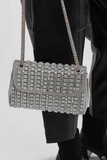 Parıldayan Dokuma El Çantası - Işıltılı Rhinestone Süslemeler - Gümüş