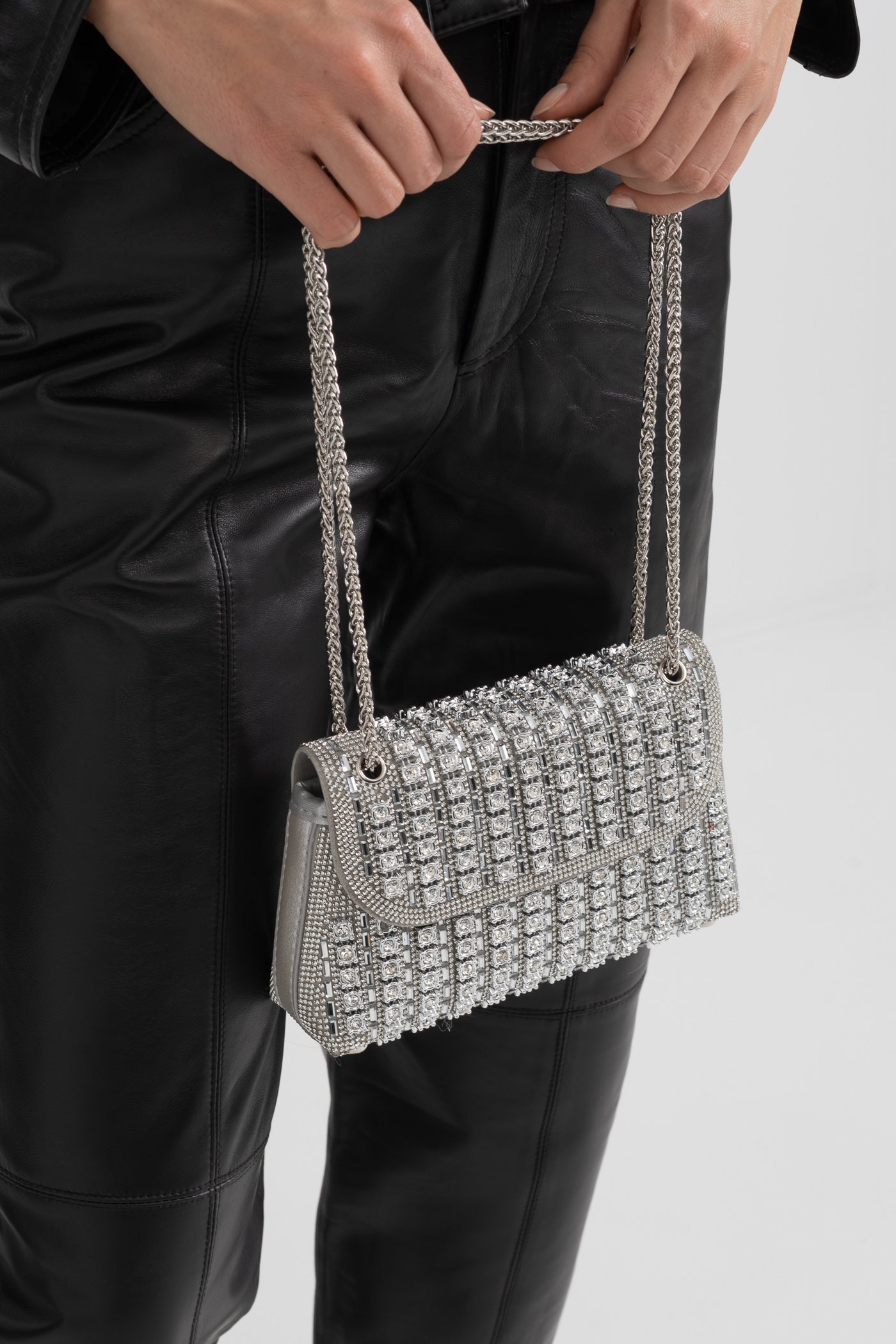 Parıldayan Dokuma El Çantası - Işıltılı Rhinestone Süslemeler - Gümüş