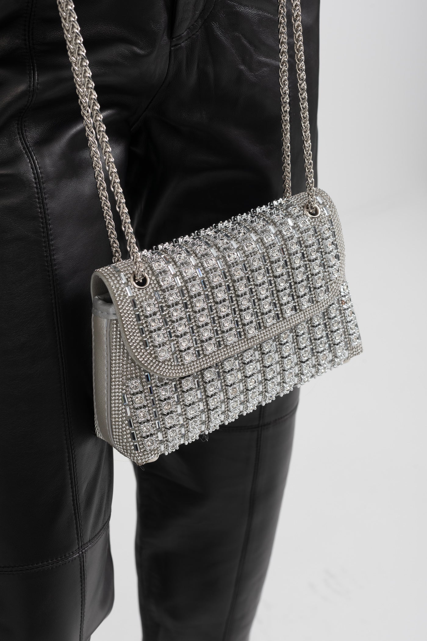 Parıldayan Dokuma El Çantası - Işıltılı Rhinestone Süslemeler - Gümüş