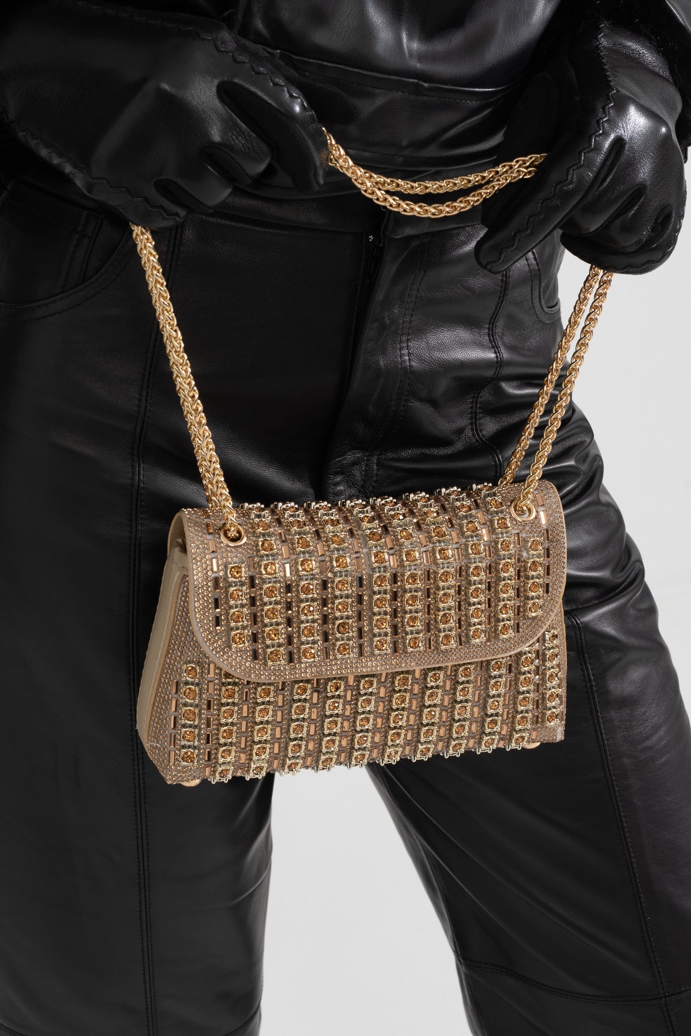 Parıltılı Dokuma Çanta, Parıldayan Rhinestone Süslemelerle - Altın