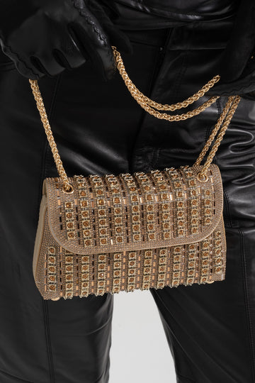 Parıltılı Dokuma Çanta, Parıldayan Rhinestone Süslemelerle - Altın
