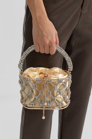 Sparkling mesh bag with satin drawstring pouch - Silver