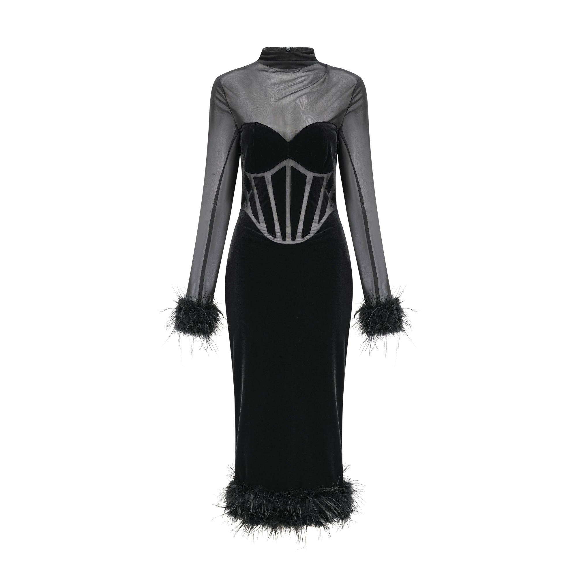 Jeanne Velvet Midi Dress with Feather Details