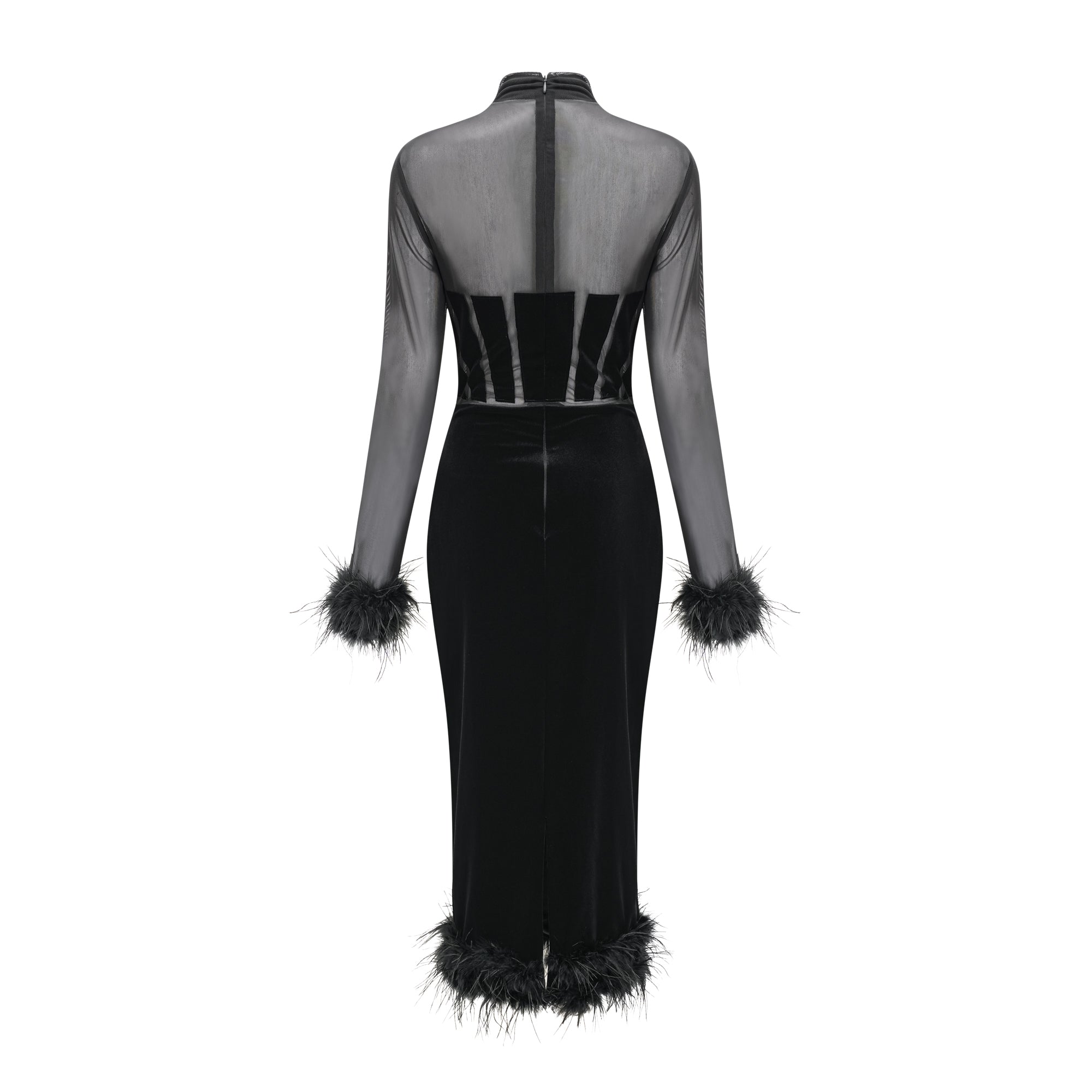 Jeanne Velvet Midi Dress with Feather Details