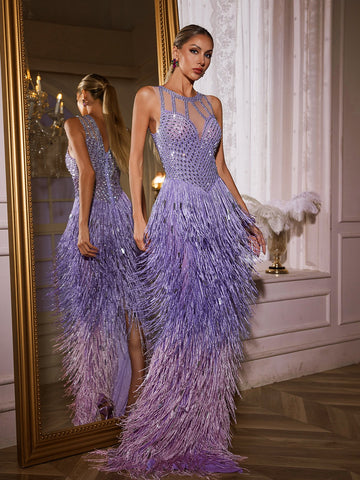 Saelyvira Fringe Rhinestone Maxi Elbise