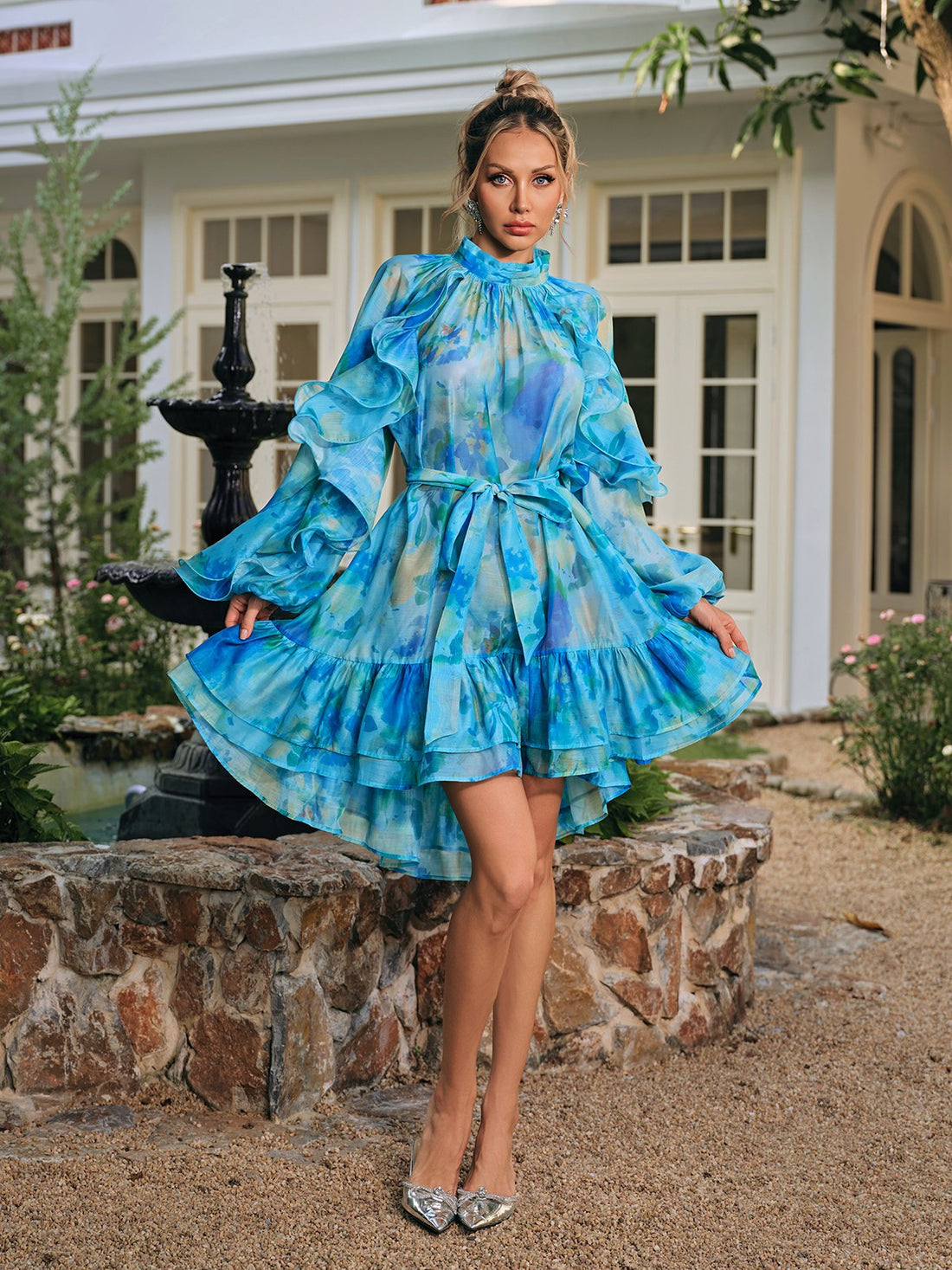 Sareh Ruffled Layered Printed Mini Dress