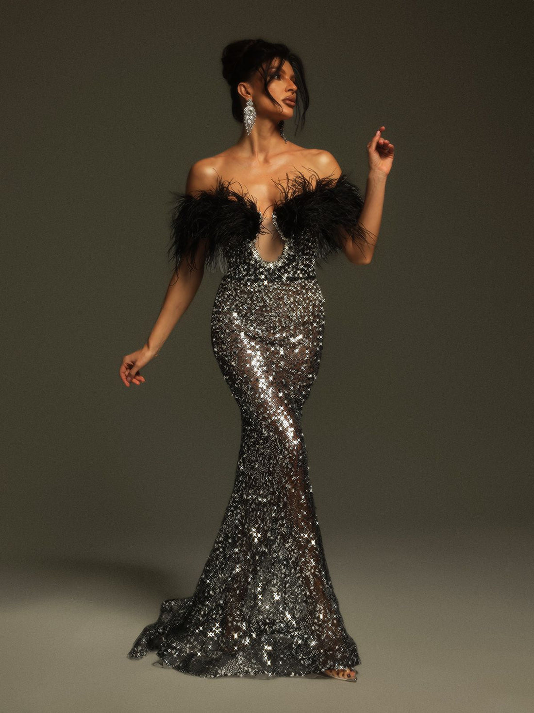 Miloni Long Sleeve Rhinestone Bandage Maxi Dress