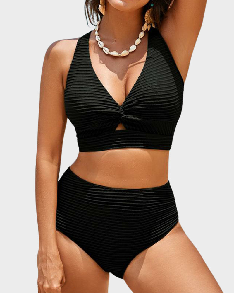 Dokulu Düğümlü Ön Yüksek Belli Bikini Takımı