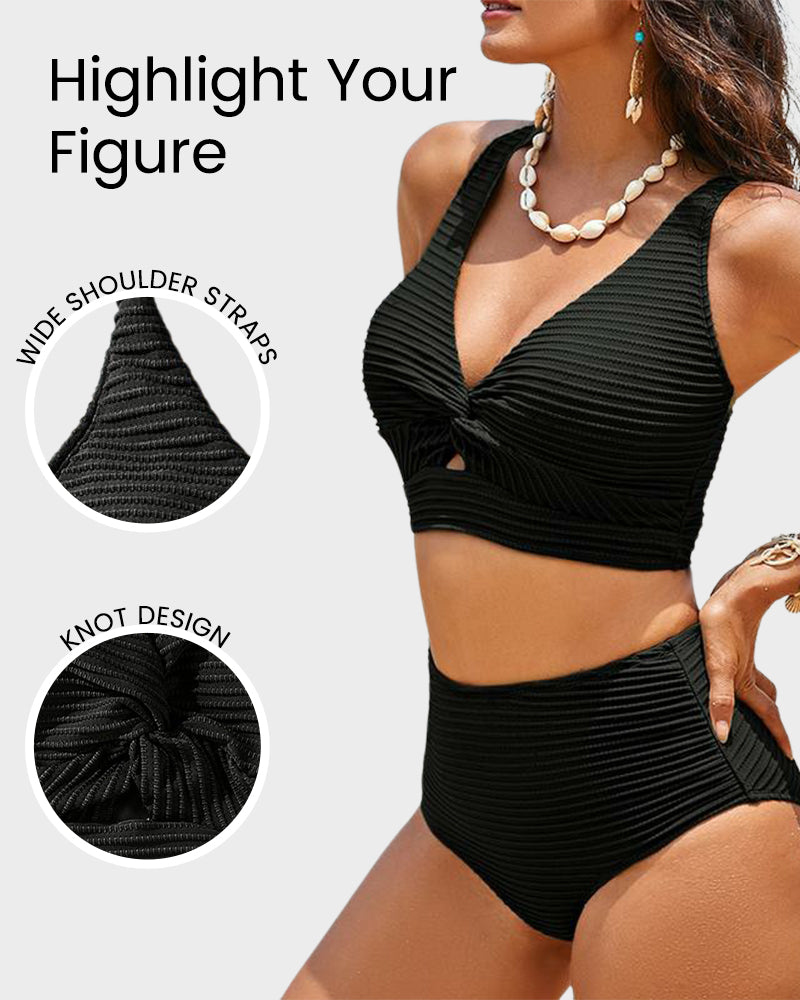 Dokulu Düğümlü Ön Yüksek Belli Bikini Takımı
