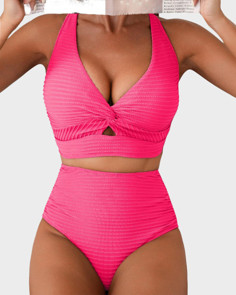 Dokulu Düğümlü Ön Yüksek Belli Bikini Takımı