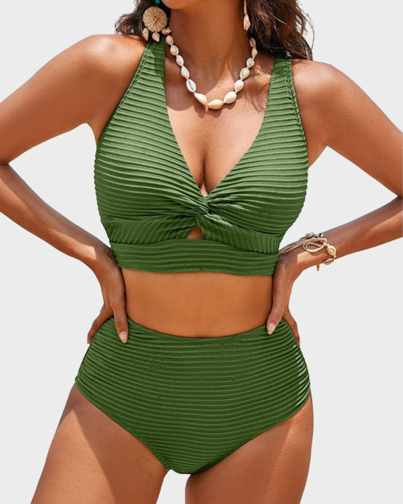 Dokulu Düğümlü Ön Yüksek Belli Bikini Takımı