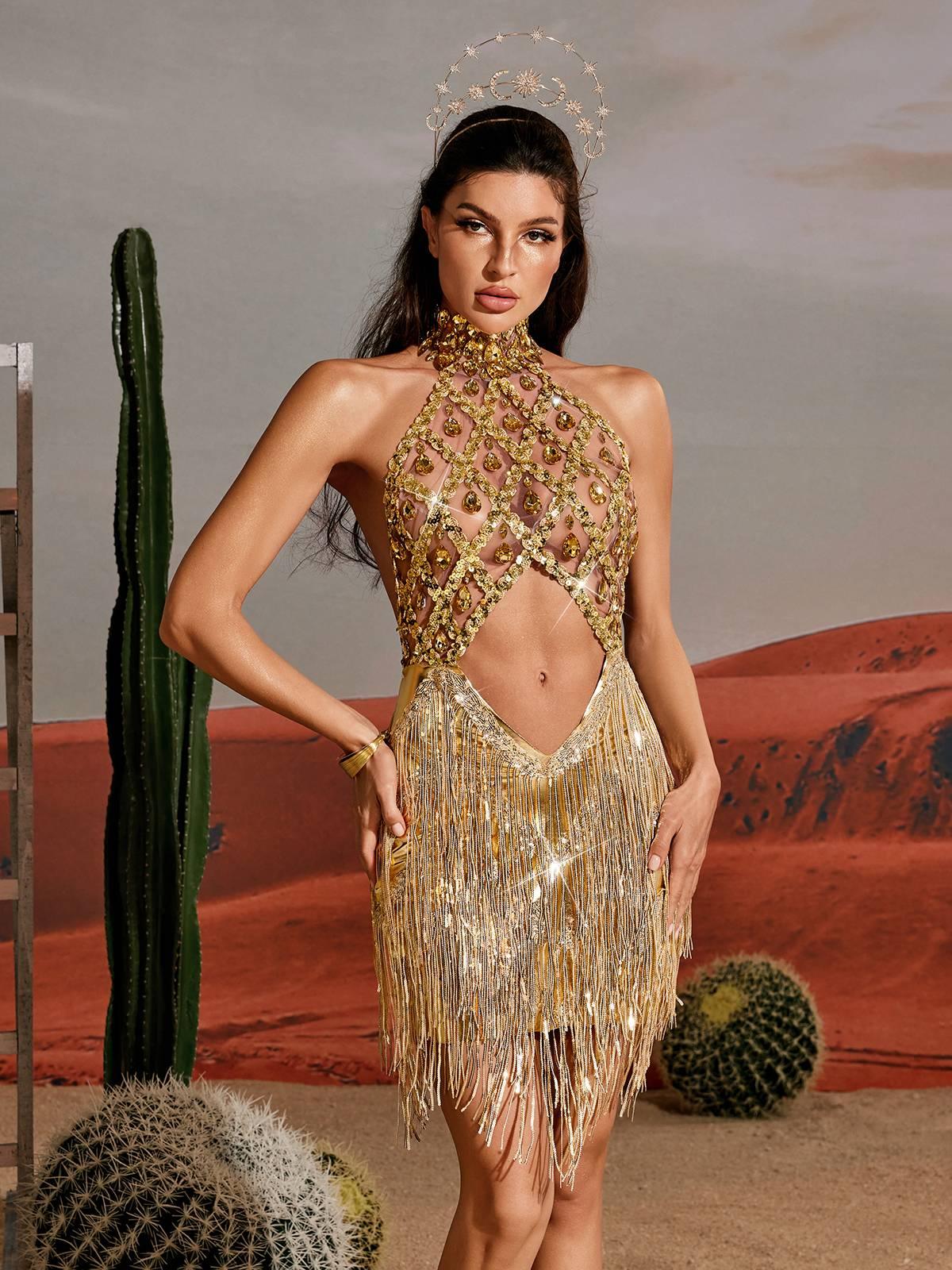 Tobin Gold Sequin Tassel Metallic Mini Dress