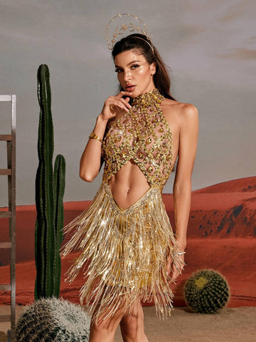 Tobin Gold Sequin Tassel Metallic Mini Dress