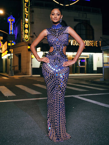Tonica High Neck Rhinestone Acrylic Maxi Dress 