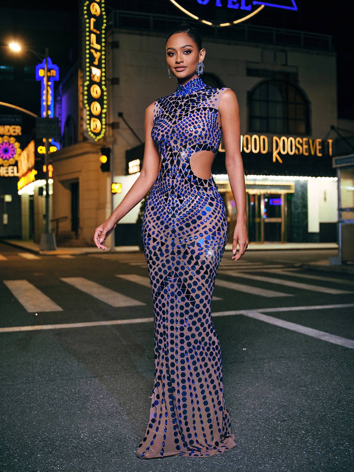 Tonica High Neck Rhinestone Acrylic Maxi Dress 