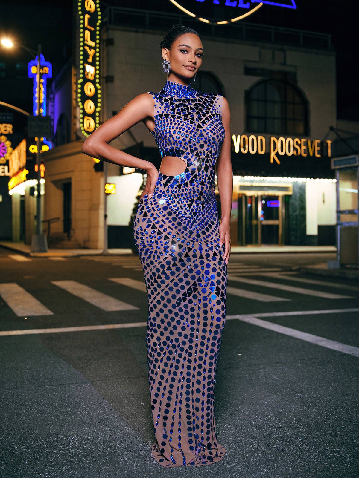 Tonica High Neck Rhinestone Acrylic Maxi Dress 