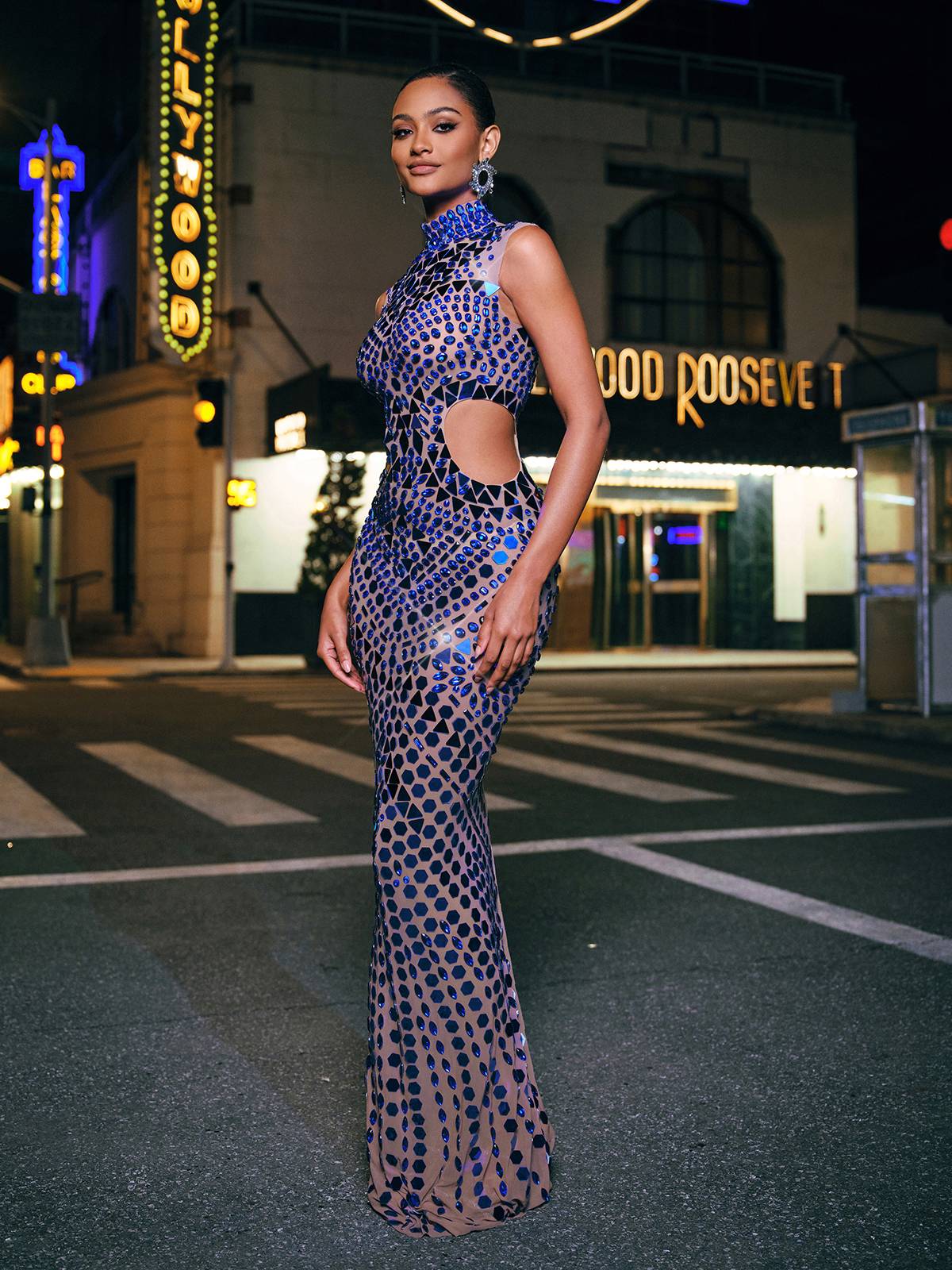 Tonica High Neck Rhinestone Acrylic Maxi Dress 