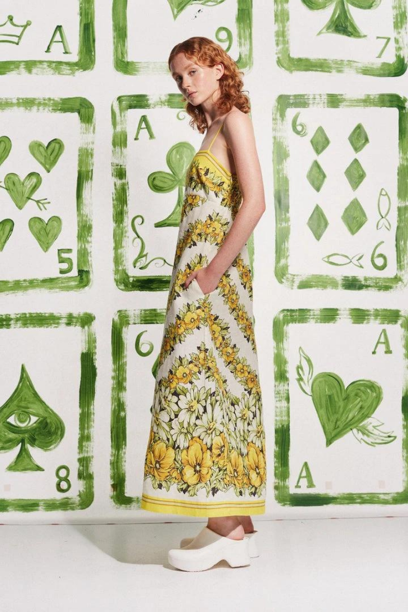 Tristane Spaghetti-Maxikleid mit Blumenmuster, Gelb