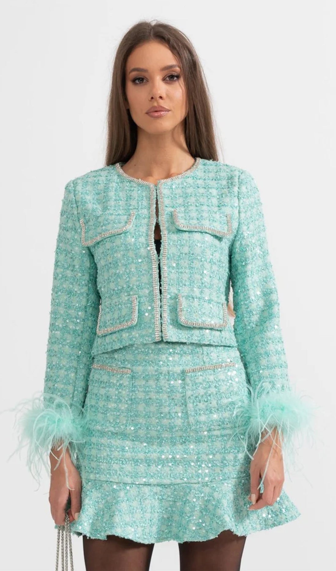 Shimmering Bouclé Two-Piece Mini Skirt Sets 