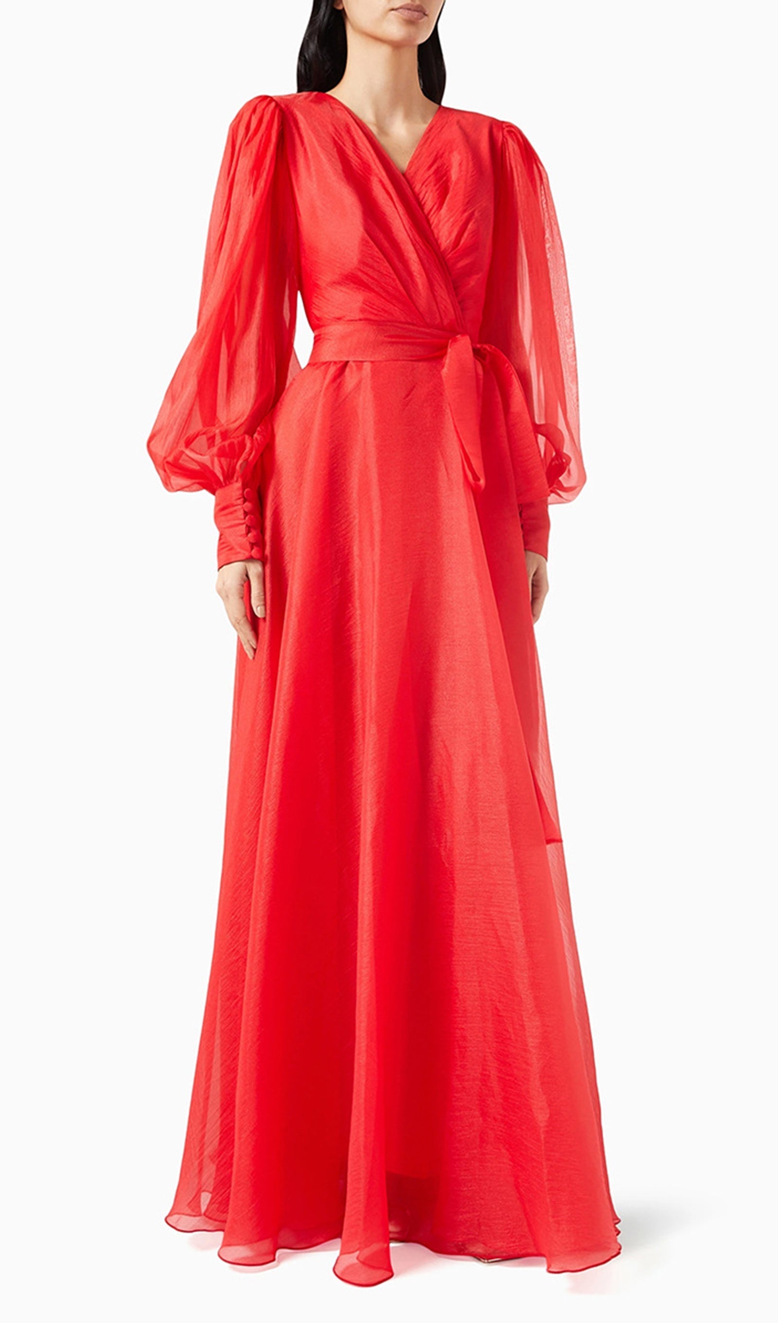 Maxikleid mit Laternenärmeln, V-Ausschnitt und Gürtel