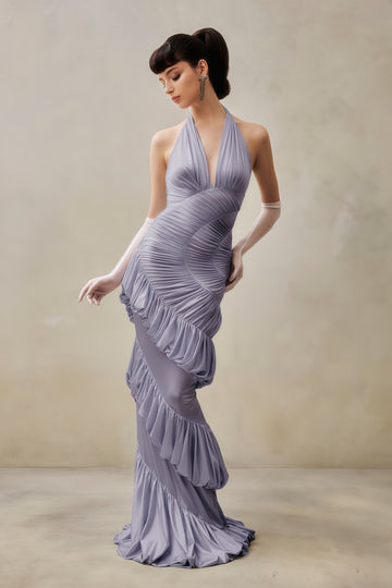 Aurea Fırfırlı Halter Maxi Elbise-Mor