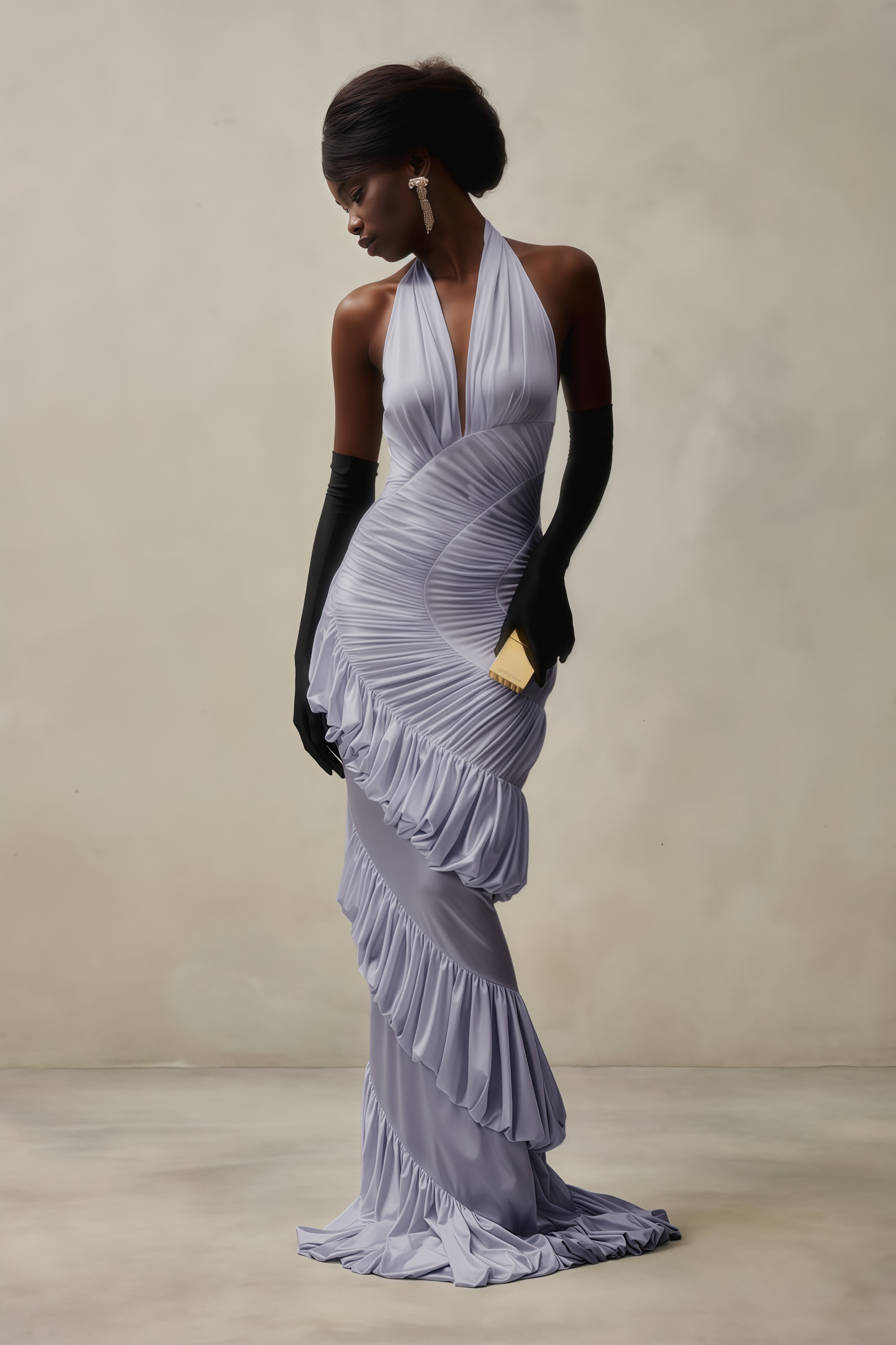 Aurea Fırfırlı Halter Maxi Elbise-Mor
