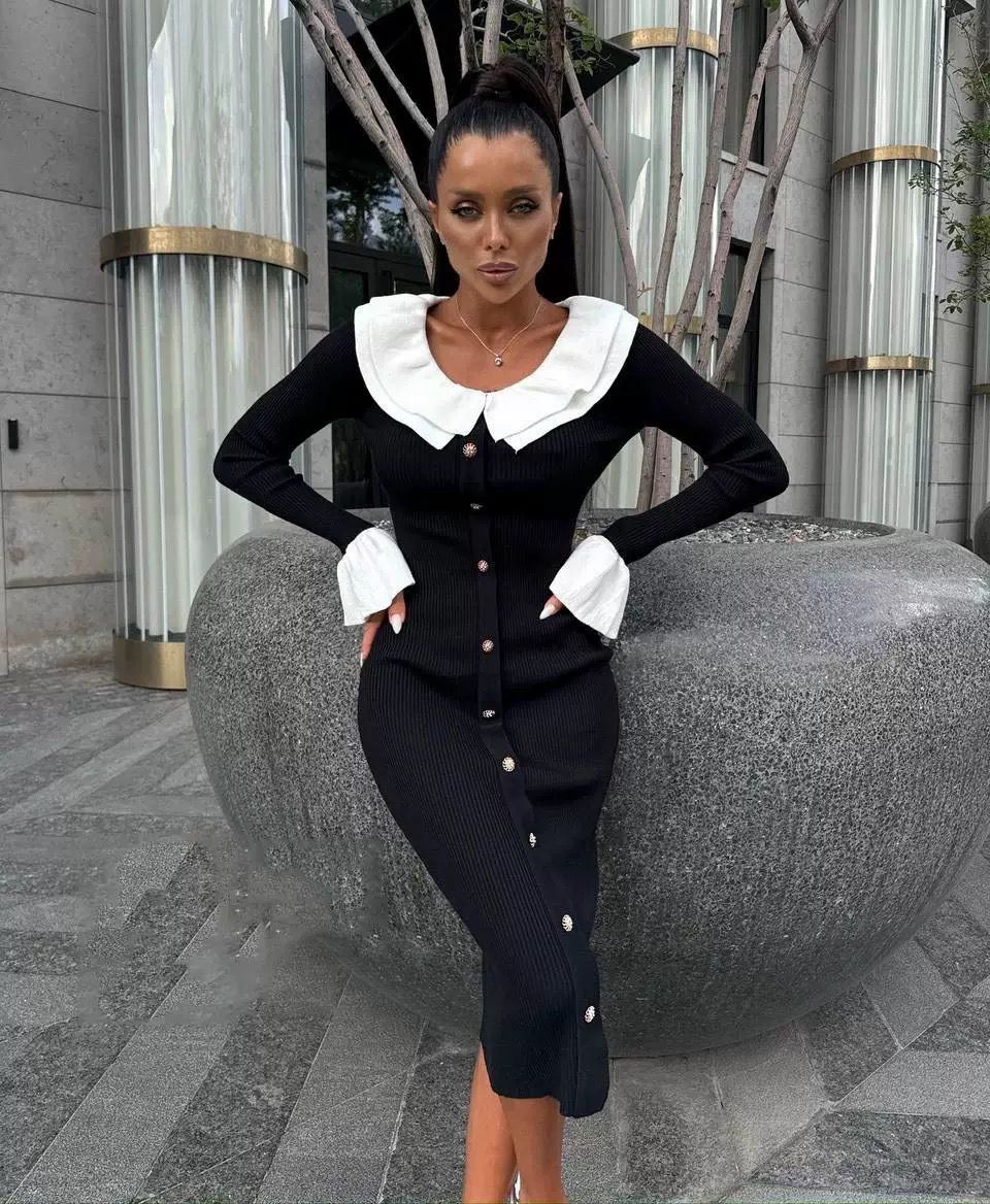 Jersey Ruffle Collar Midi Dress - Reddish Brown 