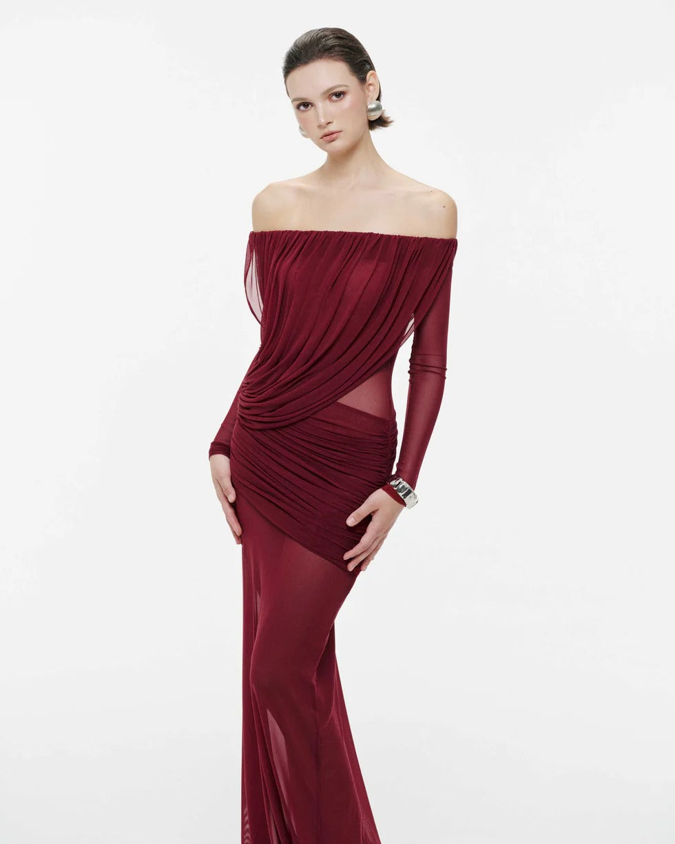 Apolline Drapeli Abiye Maxi Elbise-Bordo