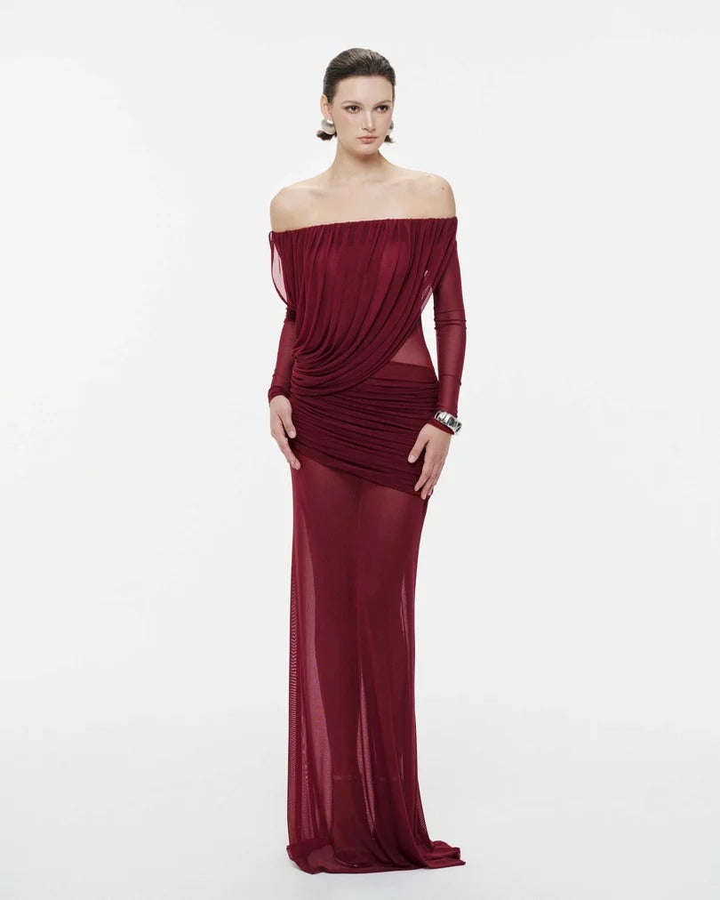 Apolline Drapeli Abiye Maxi Elbise-Bordo