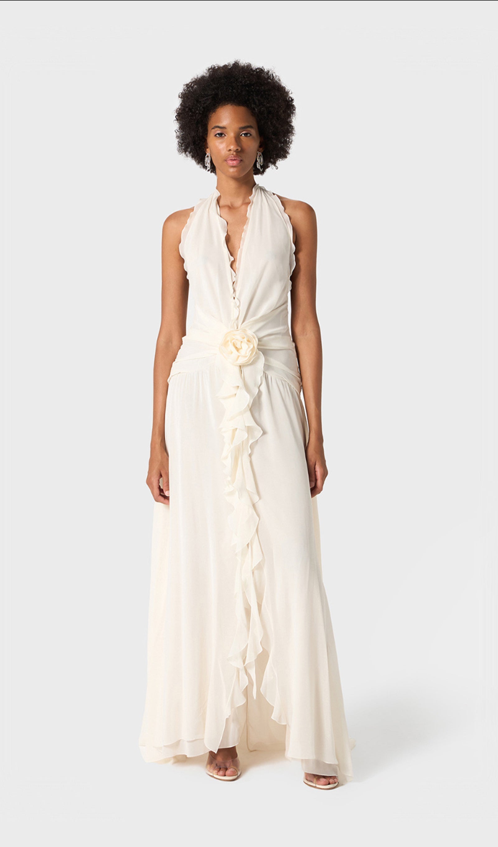Halter Ruffles Maxi Dress with Rose Embellishments 