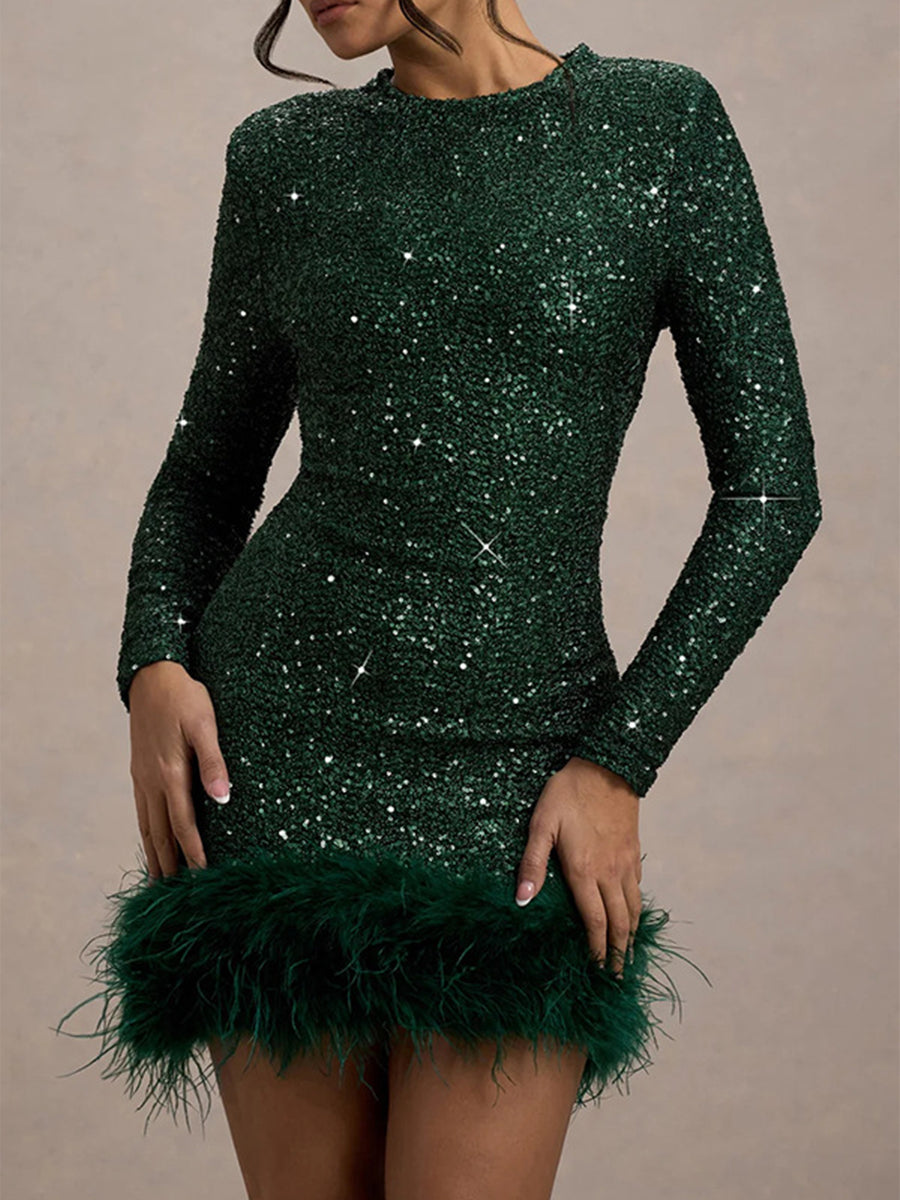 Calixta Long-Sleeved Sequin Feather Mini Dress