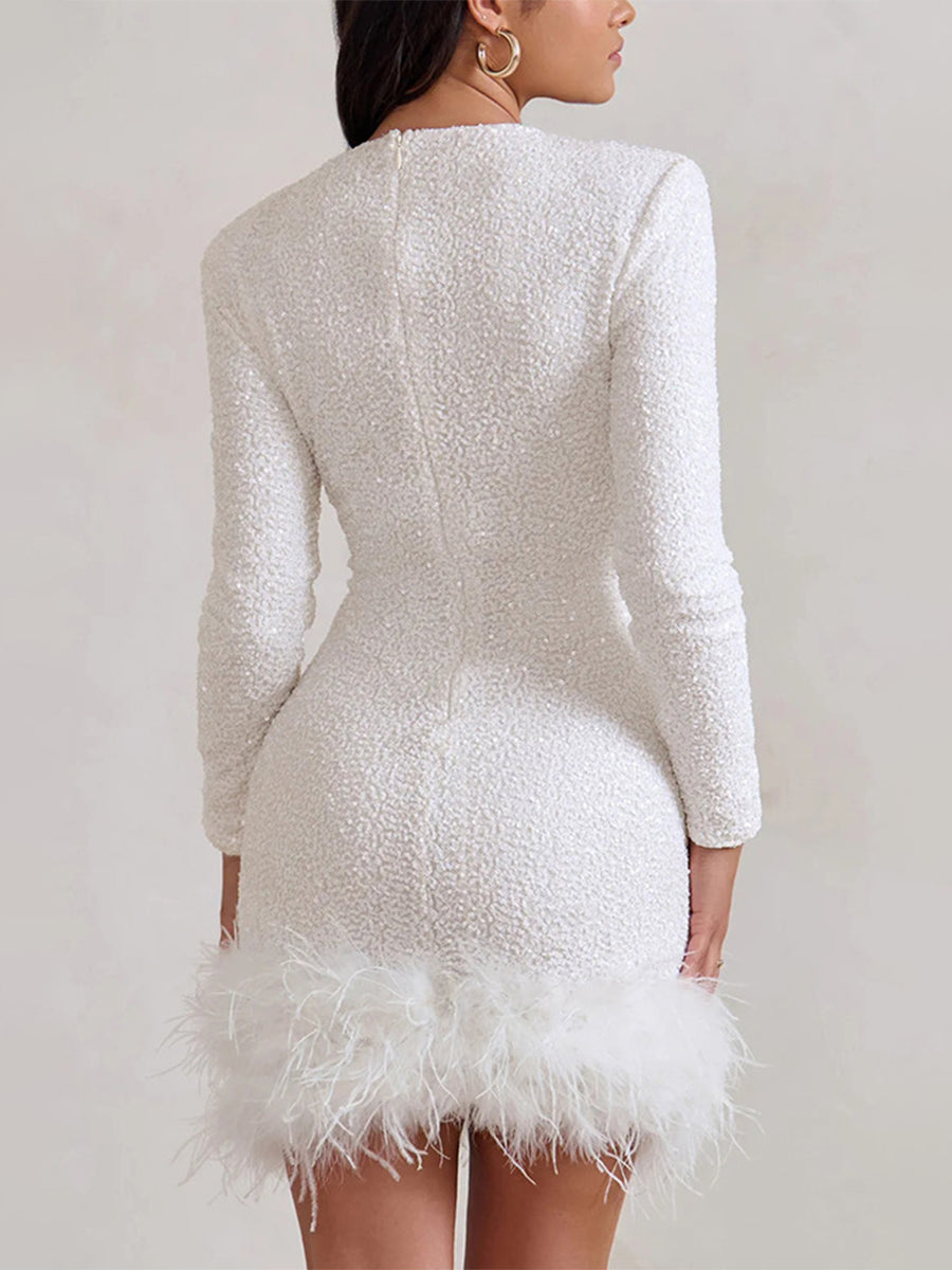 Calixta Long-Sleeved Sequin Feather Mini Dress