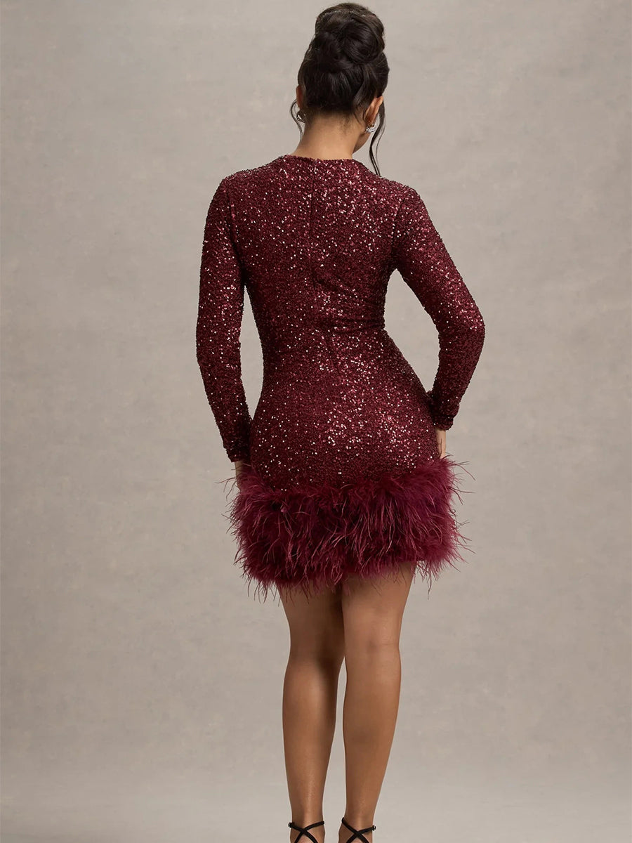Calixta Long-Sleeved Sequin Feather Mini Dress