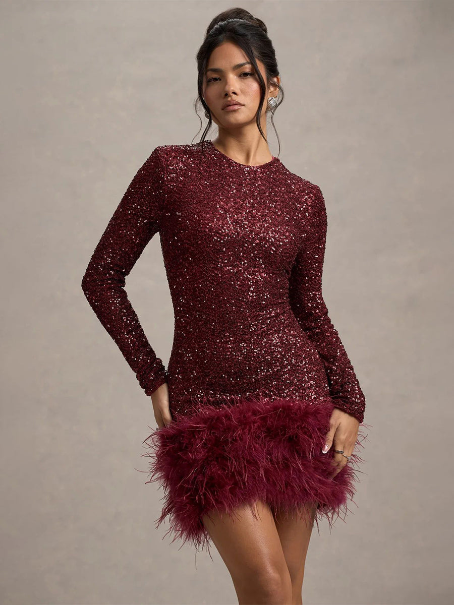 Calixta Long-Sleeved Sequin Feather Mini Dress