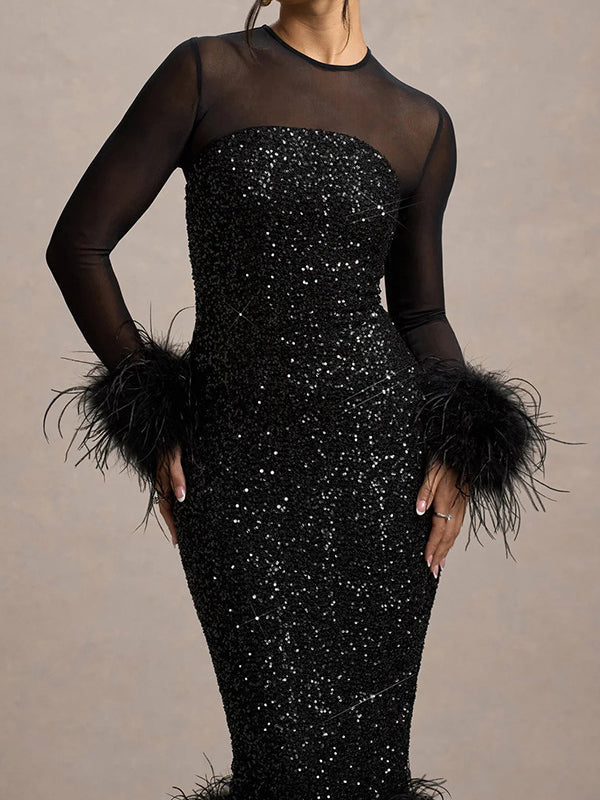 Venus Black Feather Bodycon Midi Dress