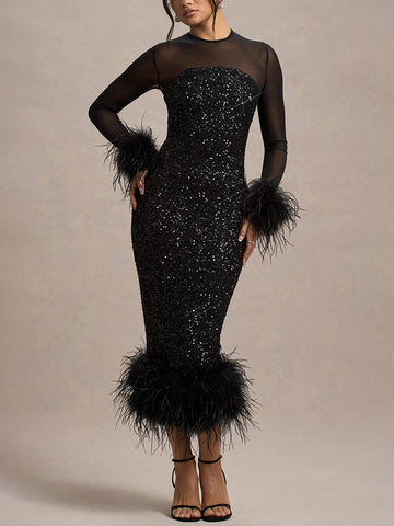 Venus Black Feather Bodycon Midi Dress