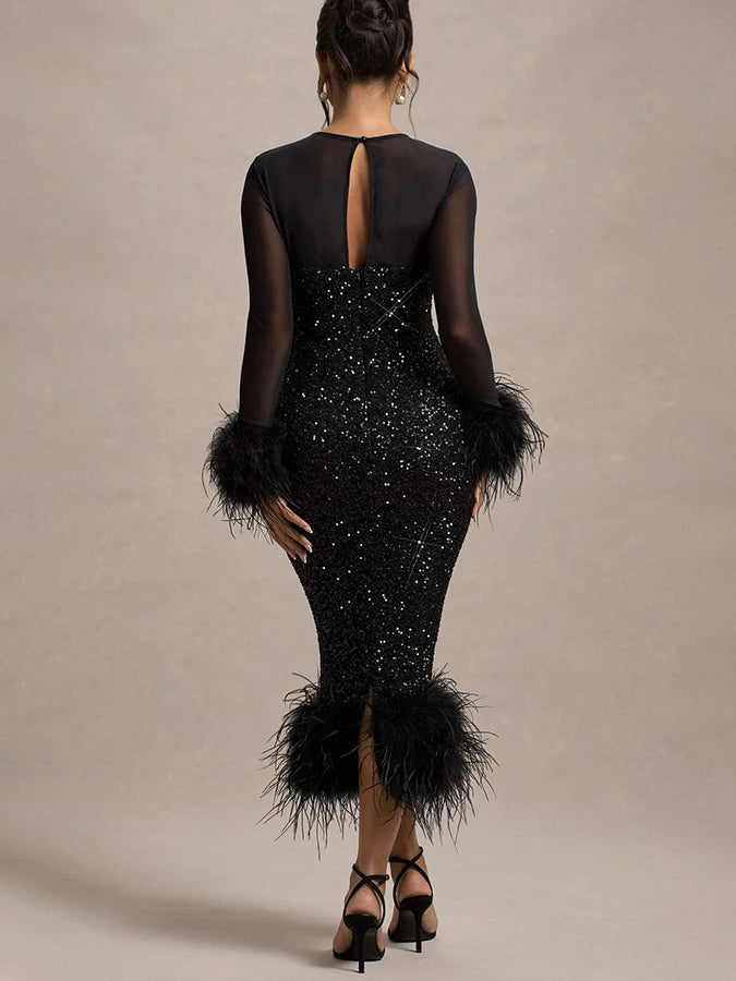 Venus Black Feather Bodycon Midi Dress