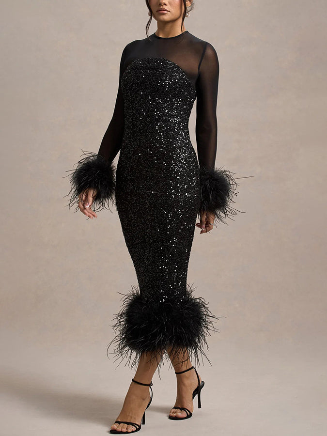 Venus Black Feather Bodycon Midi Dress