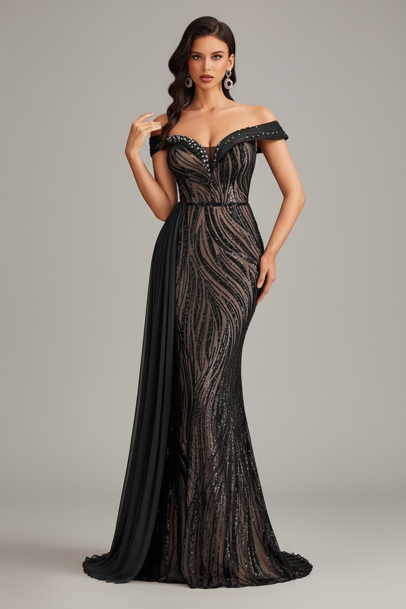 Giselle Pailletten-Maxikleid mit schulterfreiem Ausschnitt 