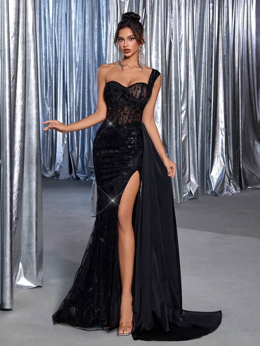 THollis One-Shoulder Sequin Corset Maxi Dress 