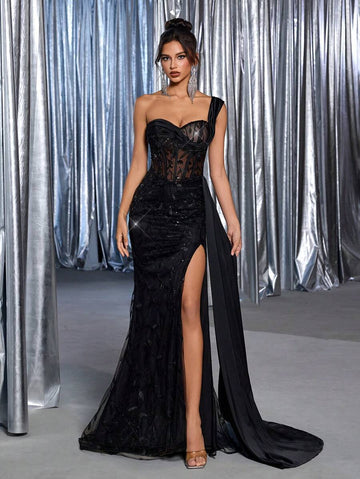 THollis One-Shoulder Sequin Corset Maxi Dress 