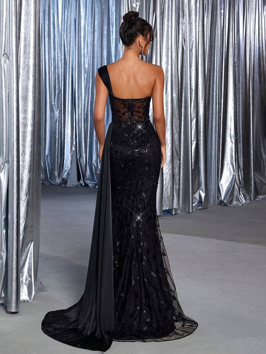 THollis One-Shoulder Sequin Corset Maxi Dress 