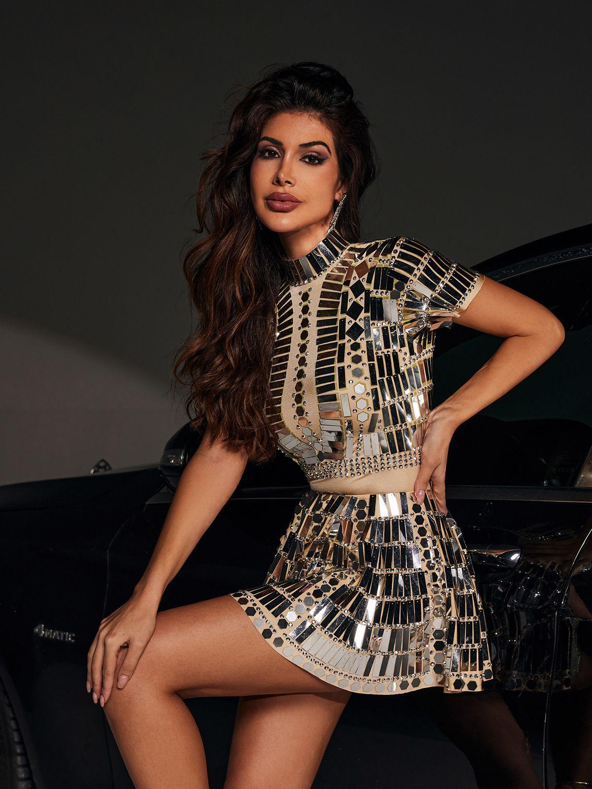 Zuleika Kısa Kollu Akrilik Mini Elbise Gümüş