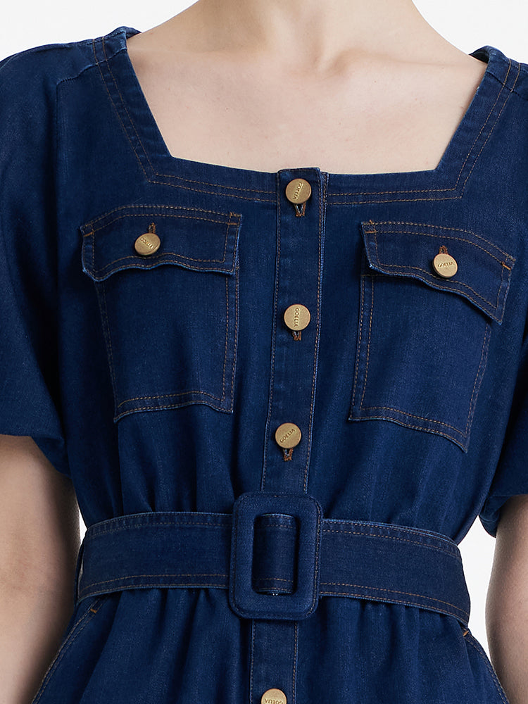 Damen-Midikleid aus Jeansstoff mit Puffärmeln und eckigem Ausschnitt, inklusive Gürtel 