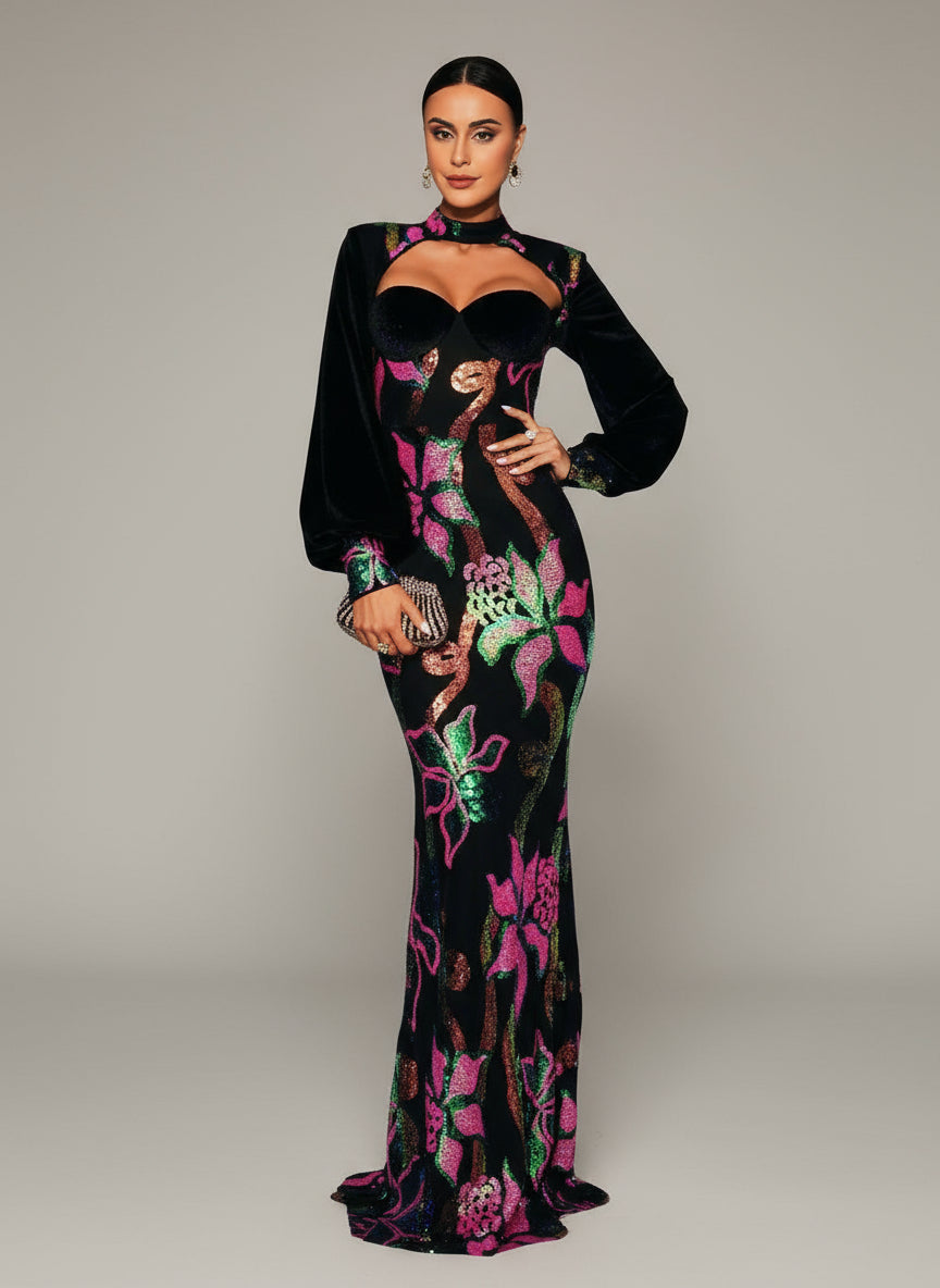 Dilara Meerjungfrauen-Maxikleid mit Cut-Outs und Laternenärmeln