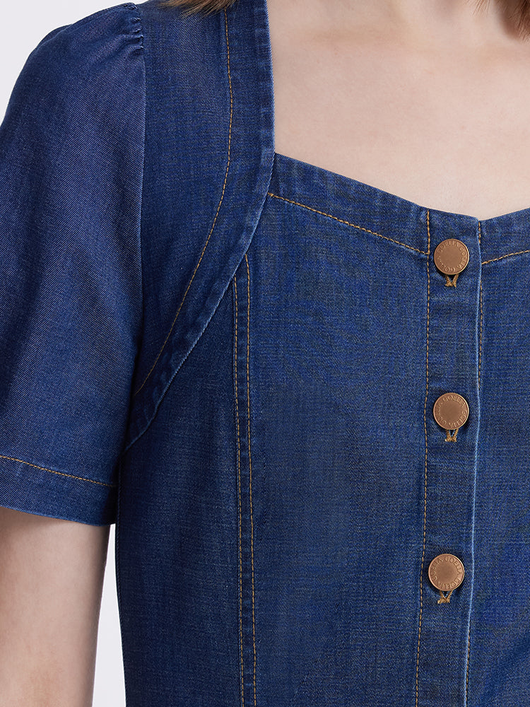 Denim Puf Kollu Tek Göğüslü Kadın Midi Kot Elbise