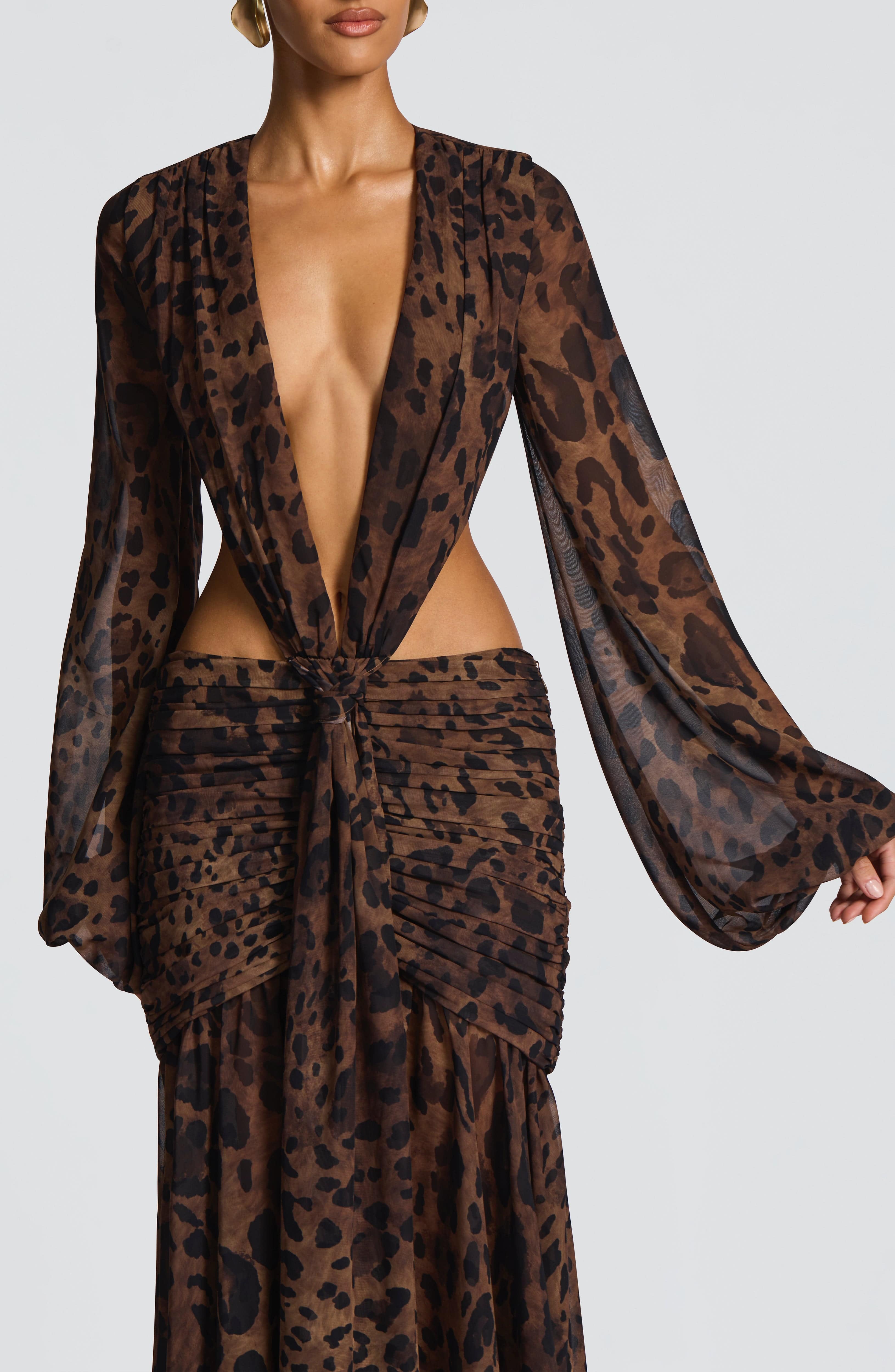 Leopar Desenli Cut-Out Maxi Elbise