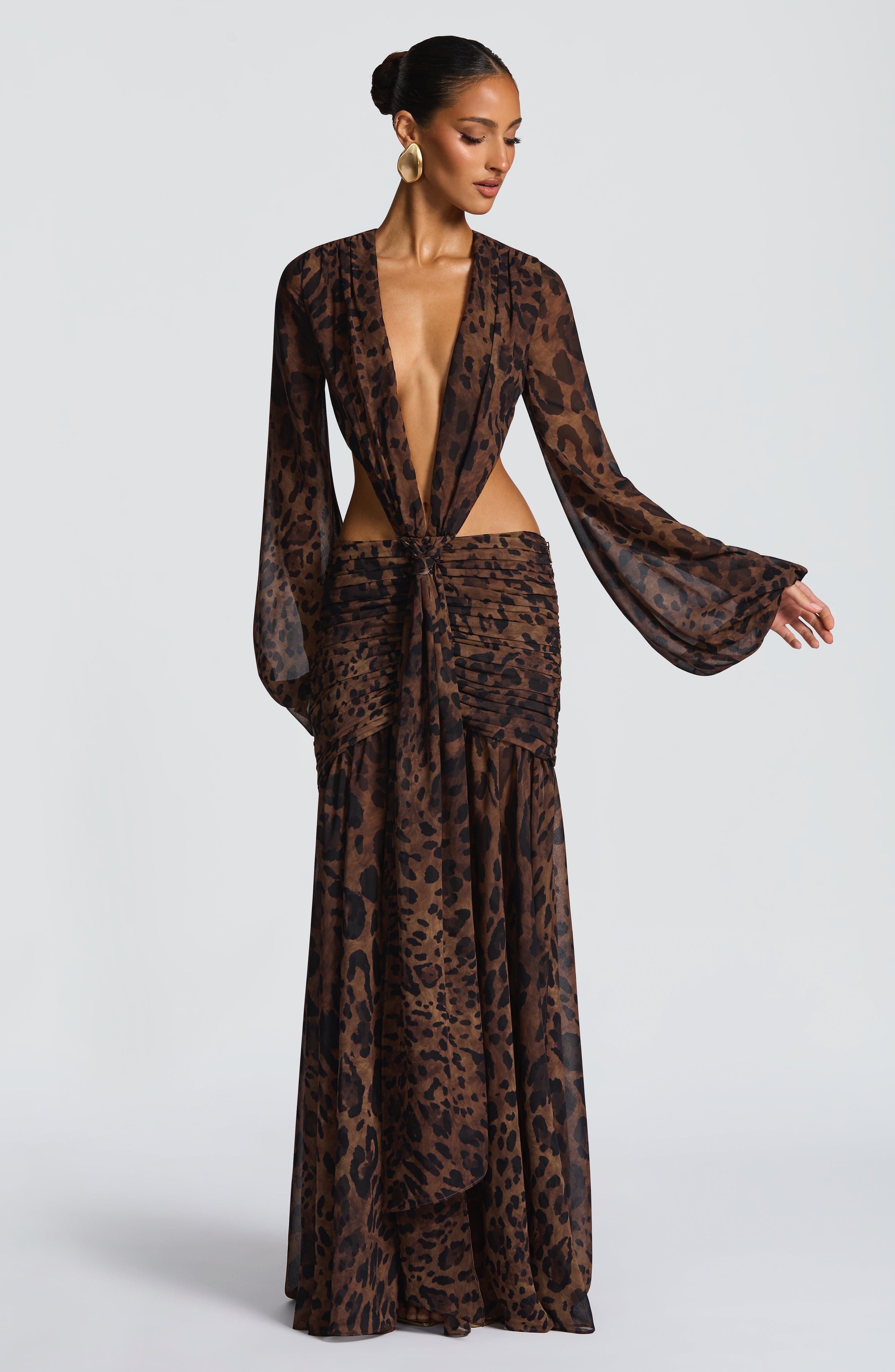 Leopar Desenli Cut-Out Maxi Elbise